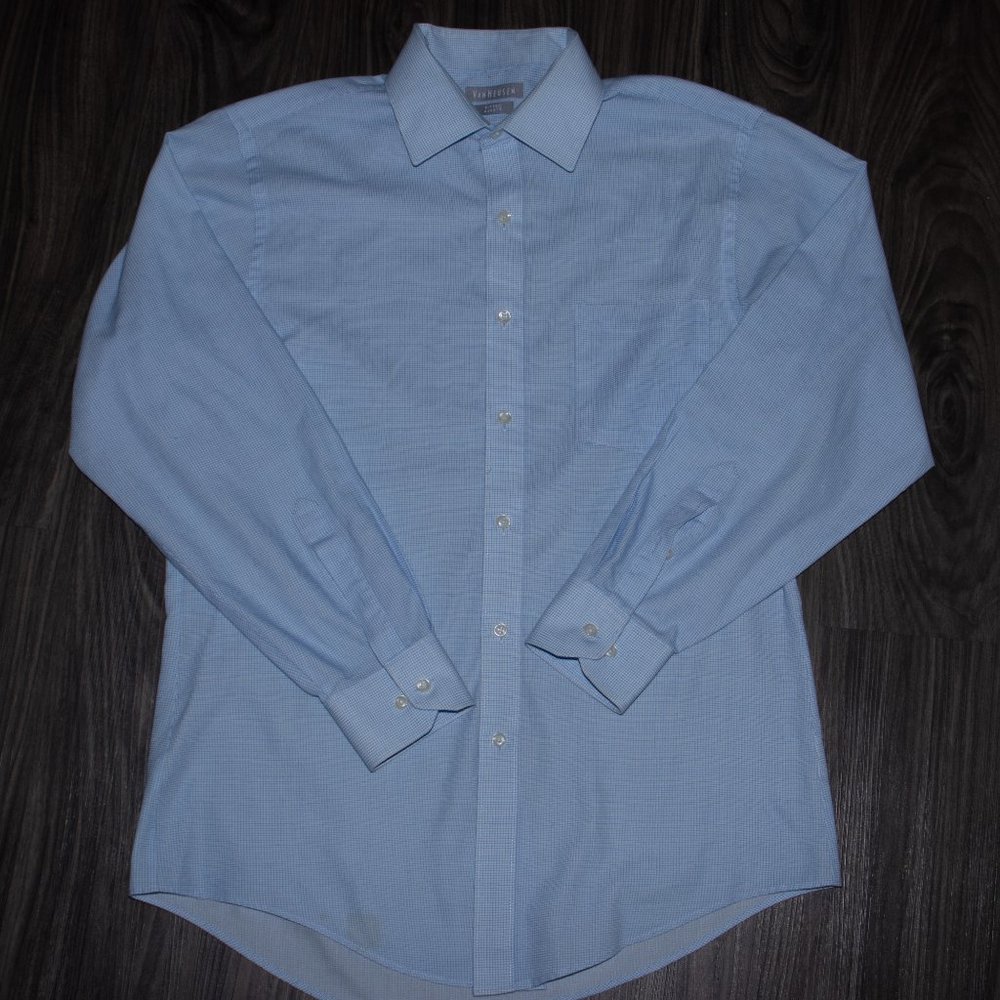 VanHeusen Men's Dress Shirt Light Blue Tattersall
